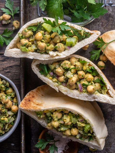 Herb Smashed Chickpea Salad Stuffed Pitas Smashed Chickpea Salad, Pita Pocket Recipes, Smashed Chickpea, Pita Recipes, Pita Sandwiches, Vegan Salads, Chickpea Recipes, Chickpea Salad, Canned Chickpeas