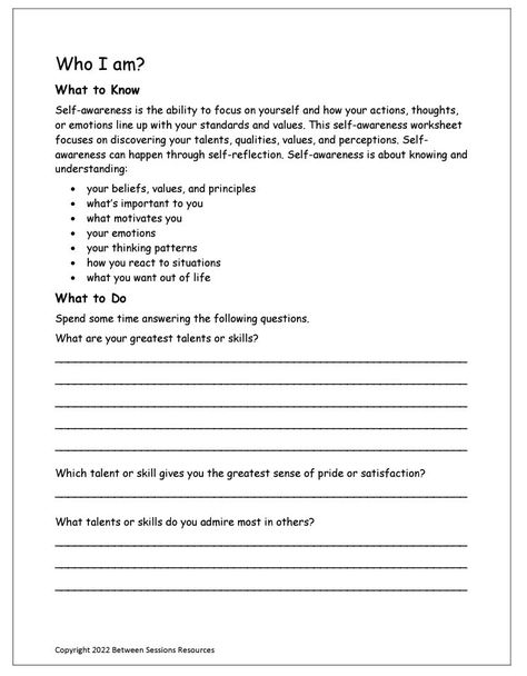 This worksheet asks teens to think about their identity, including their strengths and weaknesses, and their best qualities, skills, or talents they want to develop. It also asks teens to consider how other people see them, but in their public life and private life. 9 pages. People Pleasing Worksheets, Communication Worksheets For Teens, Life Skills For Teens Free Printable, Who Am I Worksheet, List Of Talents, Teen Therapy Activities, Emotional Journal, Life Skills For Teens, Social Skills Worksheets