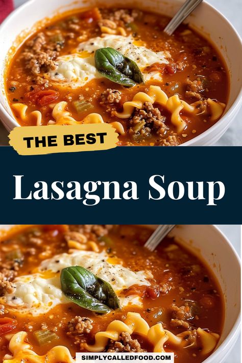 Try our lasagna soup recipe, an easy and healthy twist on a classic. This homemade soup, ideal for any diet, combines meat and vegetables with the rich flavors of white sauce, heavy cream, and ricotta. Best prepared in your choice of cookware, you can make lasagna soup in a Crock Pot, Instant Pot, slow cooker, or stove top. Experience the best of both worlds with this delicious, comforting soup. For instructions on this lasagna soup recipe and other soup recipes, visit SimplyCalledFood.com. Lasagne Soup, Lasagna Soup Crockpot, Italian Sausage Lasagna, Easy Lasagna Soup, Best Lasagna, Sausage Lasagna, Lasagna Soup Recipe, Crockpot Lasagna, Pot Lasagna