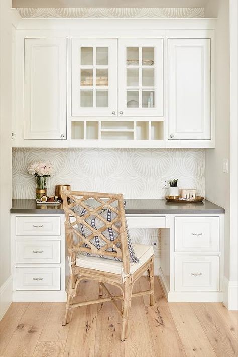 Kitchen Desk with Wallpaper on Back of Desk - Transitional - Kitchen Home Improvement, Kitchen Cabinets, Kitchen Desk, Desk Cabinet, Built In Desk, In Kitchen, A Kitchen, Nook, Built In