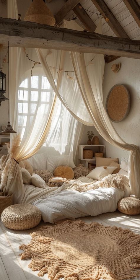 Home Style Ideas, Couch In Room Bedroom, Light Boho Bedroom, Aesthetic Kids Bedroom, Boho Bed Room, Goddess Bedroom, Cozy Kids Room, Circular Bedroom, Boho Room Ideas