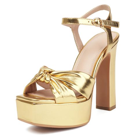 PRICES MAY VARY. Elevate your style with these gold platform heels, featuring a 5.5-inch heel height and a 1.5-inch platform height for added comfort and height. Comfortable Fit: Soft latex sponge insoles ensure that these gold chunky heels are as comfortable as they are stylish, allowing you to wear them all day long without any discomfort. Chic Design: the square open toe and bow twist design of these gold heels chunky, which effortlessly combine fashion and function to keep you looking chic a Block Heels Wedding, Chunky Platform Heels, Gold Platform Heels, Gold Block Heels, Party Dress Wedding, Formal Heels, Gold Platforms, Gold High Heels, Womens Chunky Heels