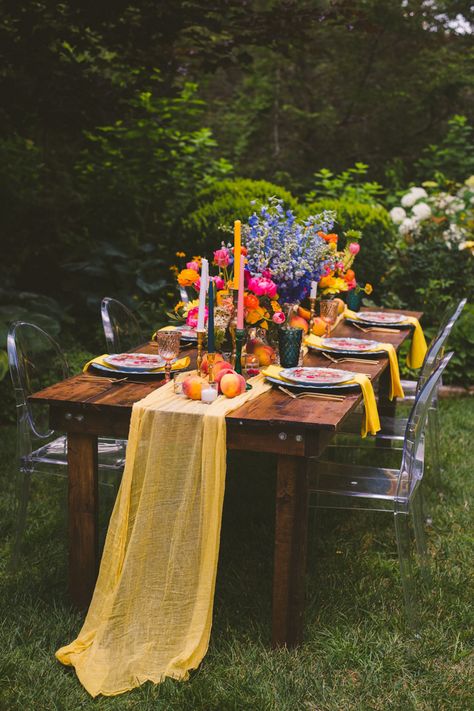 Yellow Reception, Pink Yellow Weddings, Colorful Reception, Picnic Table Decor, Reception Table Decor, Rustic Bohemian Wedding, Wildflower Wedding Theme, Colorful Table Setting, Bright Wedding Colors