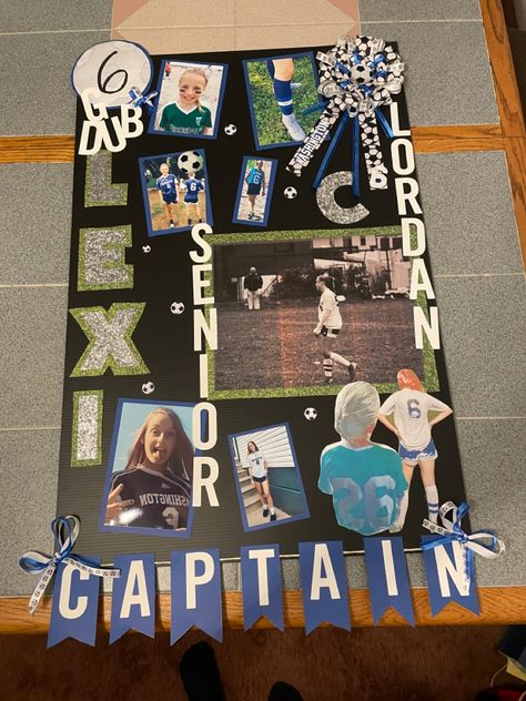 Senior Poster Board Ideas Soccer, Senior Night Poster Soccer, Soccer Senior Night Posters, Senior Poster Board Ideas, Volleyball Senior Night Gifts, Poster Board Ideas, Captain Ideas, Senior Night Football, Soccer Senior Night