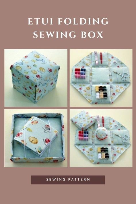 This is the pdf sewing pattern for the Etui Folding Sewing Box. Now's your chance to make your very own beautiful Etui folding sewing box, pin pot, and cushion, and needle case. It's an ingenious design that is super practical and it looks good too. The designer is sure that you will have as much fun making yours as she did. Box Sewing Pattern, Pretty Storage Boxes, Sewing Kit Box, Sewing Kit Bag, Sewing Kit Pattern, Free Sewing Pattern, Modern Bag, Handmade Sewing, Box Patterns