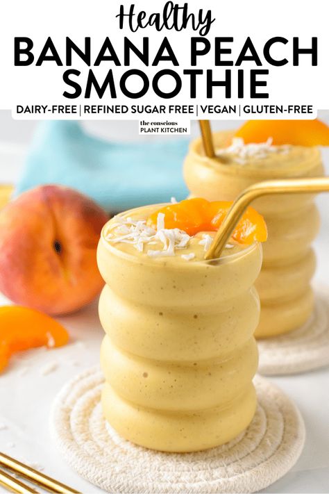 This Banana Peach Smoothie is a deliciously thick and creamy smoothie for summer packed with peach flavors. Banana And Peach Smoothie, Peach Banana Smoothie, Peach Smoothie Recipes, Breakfast Shakes, Tea Drink Recipes, Peach Smoothie, Fruit Smoothie Recipes Healthy, Sweet Smoothies, Desserts Ideas