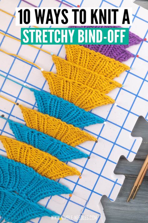 How to knit a stretchy bind-off. A step-by-step tutorial with altogether 9 different alternatives to create a super elastic edge in knitting Loose Bind Off Knitting, Casting Off Knitting, Bind Off Knitting, Stretchy Bind Off, Sewing Binding, Knitting Help, Knitting Tips, Knit Wear, Knitting Machine Projects