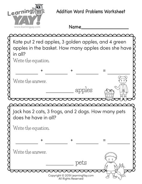 First graders can practice decoding addition word problems into algebraic equations with this free printable worksheet. They are asked to add three whole numbers whose sum is less than 20 in order to solve simple math problems. It’s an easy way for children to build their critical thinking skills. Solving Word Problems First Grade, Simple Math Word Problems, Basic Algebra Worksheets, First Grade Addition, Algebraic Equations, First Grade Words, Basic Algebra, Addition Words, First Grade Math Worksheets