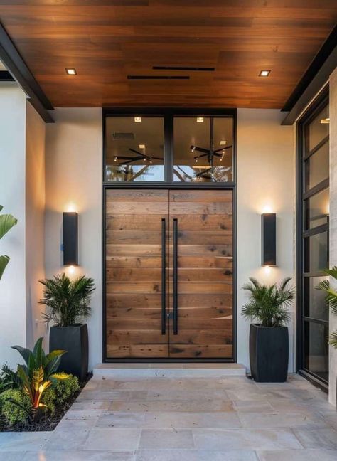 Front Porch Modern Design, Two Door Entryway, House Main Entrance Ideas, Entrance Porch Design Modern, Modern Home Foyer, Large Doors Entrance, Front Door Entrance Inside, Contemporary Doors Entrance, Porch Door Ideas Entrance