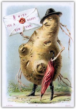 New Year's greetings from a...turnip?  Potato?  With...riding boots and an umbrella?  Something to consider as you select holiday cards this year: in a hundred years, will someone be really perplexed by what you've picked out? Vintage Bizarre, Vintage Happy New Year, Victorian Christmas Cards, Vintage Holiday Cards, Weird Vintage, Creepy Vintage, New Year Postcard, Creepy Christmas, A Happy New Year