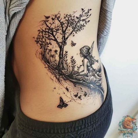 Enchanted Sleeve Tattoo, Mystical Nature Tattoo, Enchanted Tree Tattoo, Fairy Scene Tattoo, Garden Fairy Tattoo Designs, Fairy Forest Tattoo, Woodland Fairy Tattoo, Fairy Tattoos For Women, Forest Fairy Tattoo