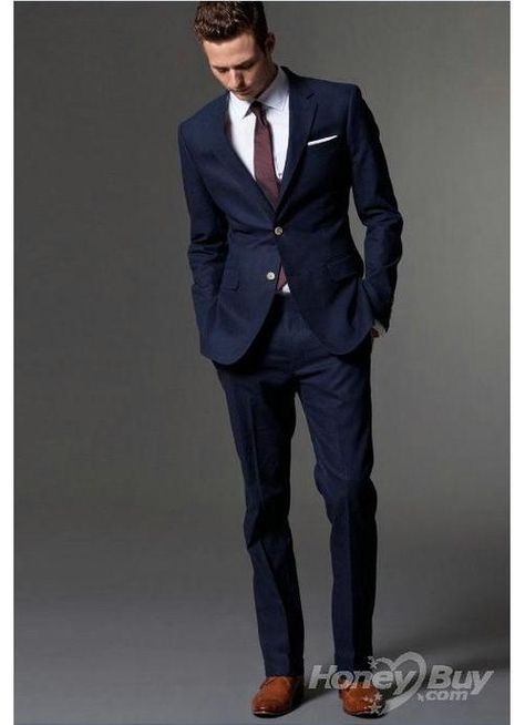 This is very similar to the style I want my husband and the groomsmen to wear. I want a navy suit that is as close as possible to the midnight color of the bridesmaids dresses with an orchid tie; the groomsmen and bridesmaids would match. However, to distinguish my husband, I would want a patterned tie or a midnight colored tie for him. Men Attire, Don Pedro, Dark Blue Suit, Suit For Men, Navy Blue Suit, Wedding Groomsmen, Suit Men, Groomsmen Suits, Navy Suit