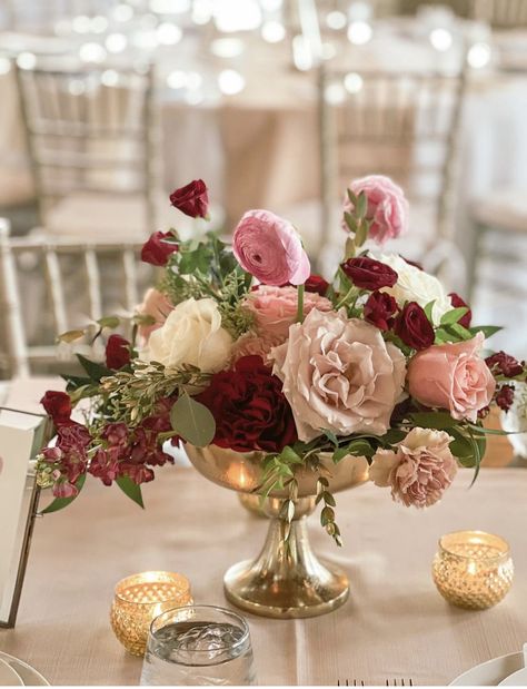 Burgundy And Pink Floral Arrangement, Bridal Shower Decorations Burgundy, Burgundy Bridal Shower Centerpieces, Blush Pink And Burgundy Centerpieces, Burgundy Rose Centerpiece, Burgundy And Champagne Centerpieces, Pink And Burgundy Centerpieces, Burgundy Blush And Gold Wedding Centerpieces, Mulberry Wedding Decor