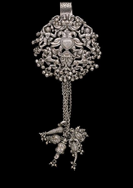 Chatelaine, silver with repousse work and chasing joined to a backplate, Tamil Nadu, India, circa 1880 Silver Jewelry Accessories, Silver Pooja Items, Antique Silver Jewelry, Silver Jewellery Indian, Antique Jewelry Indian, Wedding Jewellery Collection, Silver Ornaments, Gold Fashion Necklace, Silver Jewels