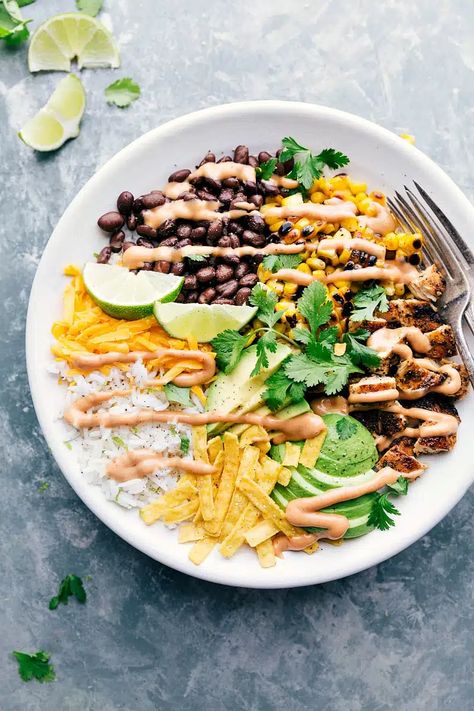 Grilled BBQ Chicken Rice Bowl - Chelsea's Messy Apron Bbq Chicken Rice Bowl, Chicken Rice Bowl Recipe, Avocado Tortilla, Chicken Grill, Rice Black Beans, Rice Bowl Recipe, Sweet Bbq Sauce, Tortilla Strips, Grilled Bbq Chicken