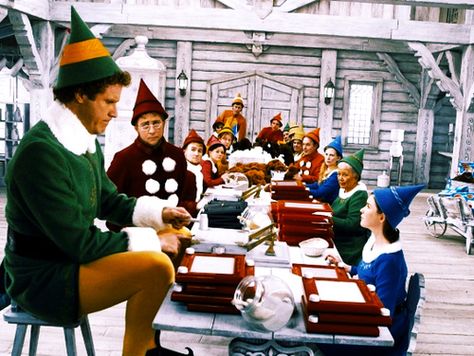 The design of santas workshop and the uniforms used come from the original Rudolf, the Red nose Reindeer (1994) animated special Natal, Elf 2003, Best Holiday Movies, Elf Quotes, Cotton Headed Ninny Muggins, Best Christmas Movies, Circle Game, Elf Movie, Will Ferrell