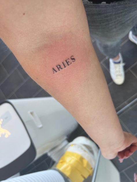 Aries Word Tattoo, Tattoos For Aries, Aries Star Sign Tattoo, Solace Tattoo, Aries Star Constellation Tattoo, Aries Tattoo For Men, Hidden Tattoo, Above Elbow Tattoo, Star Constellation Tattoo