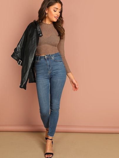 Lettuce Trim Solid Crop Top -SheIn(Sheinside) Maroon Shirt Outfit, Sheer Crop Top, Casual School Outfits, Ribbed Crop Top, Cropped Tops, Knit Sleeve, Women T Shirts, Casual Work, Trendy Fashion Women