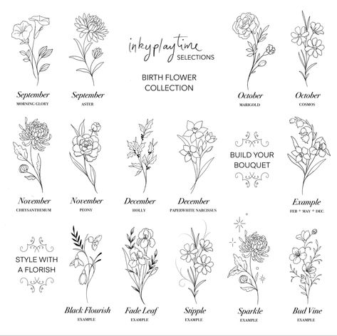 September October November December birth flower simple minimal tattoo designs and customisation stules Birthflower November Drawing, Simple Minimal Tattoo, Birthflower Name Tattoo, Birthflower September Tattoo, Fine Line Birth Flower Tattoo, Birthflower November, December Flower Tattoo Birth Month, December Tattoos Ideas, Birth Month Tattoo Ideas