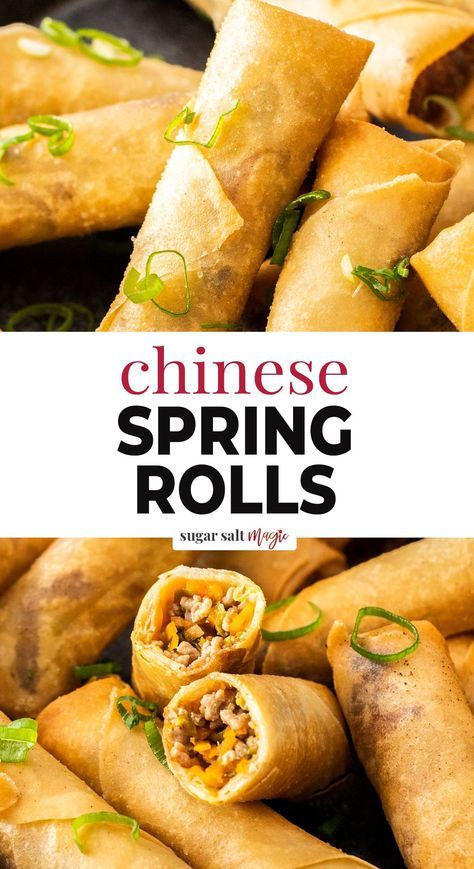 These homemade spring rolls are so easy to make. Filled with a tasty combination of meat and vegetables, all wrapped in a shatteringly crispy exterior they’re a tasty classic Chinese appetizer. Chinese spring rolls are crunchy little fried tubes of meat and shredded veggies and they’re seriously morish. This super simple recipe for a Chinese restaurant classic will make you a pro in no time. It really is so simple to customise them to the filling you like. Asian Spring Rolls Recipes, Beef Spring Rolls Recipe, Meat Spring Rolls, Beef Spring Rolls, Asian Spring Rolls, Easy Spring Rolls, Asian Sides, Chinese Spring Rolls, Spring Roll Filling