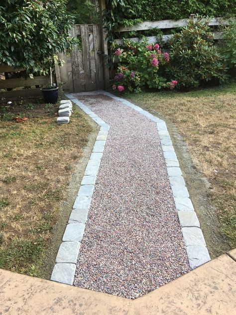 Pathways created with stabilized gravel foundations ��– CORE Landscape Path To Backyard Gate, Gravel Walkways Paths, Cheap Walkway Ideas, Big Leaf Plants, Gravel Walkway, Gravel Pathway, Gravel Landscaping, Walkways Paths, Stone Patio