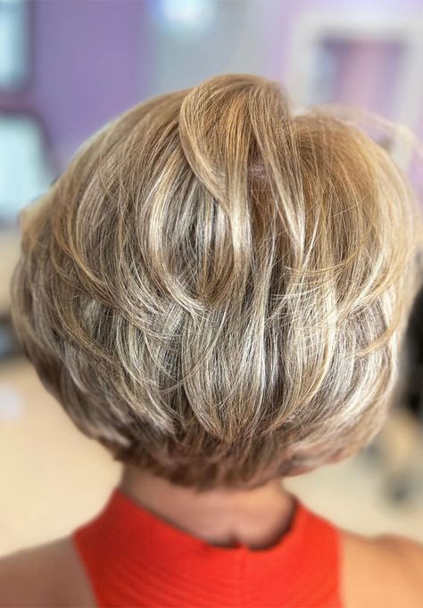 Hairstyles For Coarse Thick Hair, Women Over 60 Short Haircuts, Short Bob With Blonde Highlights, Back View Hairstyles, Layered Stacked Bob Haircut Back View, Stacked Inverted Bob Haircuts Short, Haircut For 60 Yr Old Woman, Bob Haircuts For Women Over 60 With Fine Hair, Med Haircuts For Women Medium Layered