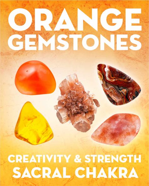 What Do Orange Gemstones & Crystals Mean?. Learn the names and meanings of orange gemstones including sunstone, carnelian, amber, and aragonite. What do orange gemstones mean? Orange stones & crystals correspond to the second chakra, sexual energy, and vitality. They each have different meanings, but many are used to increase creativity, support your emotional health, and feel more aliveness and vitality.  Orange crystals also support strength, endur... #gemstones #crystals #beadage Orange Agate Crystal Meaning, Orange Stones Crystals, Orange Gemstones, Names And Meanings, Crystals Meanings, 2nd Chakra, Second Chakra, Orange Gem, Earth Gift