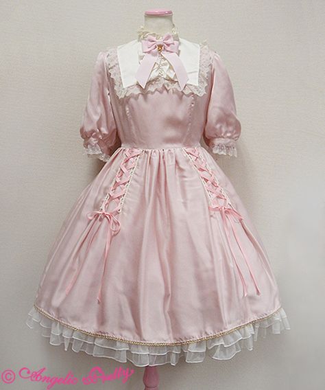 Angelic Pretty True Doll OP Pink Vintage Pink Dress For Cosplay, Pink Gothic Costume Dress, Cute Dresses With Lace Trim For Costume Party, Elegant Pink Doll Collar Dress, Elegant Pink Collared Dress, Cute Bow Costume Dress, Pink Gothic Dresses With Ruffles, Gothic Pink Ruffled Dresses, Gothic Pink Dress With Ruffles