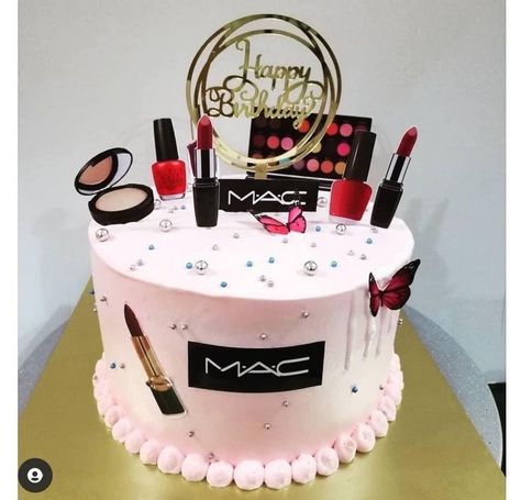 Cake Designs Makeup Theme, Makeup Cake Ideas Birthdays, Bolo Do Barcelona, Makeup Theme Cake, Makeup Birthday Cakes, Cakes Without Fondant, Baby Reveal Cakes, Alcohol Cake, Cake Decorating Books