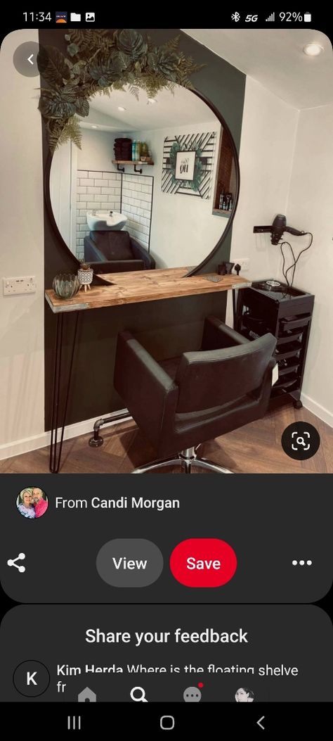 Salon Suite Mirror Ideas, Salon Circle Mirror, Salon Hair Station Ideas, Diy Hair Station, Small Salon Suite Ideas Luxury, Diy Hair Salon Stations At Home, Salon Work Stations Ideas, Hair Station Ideas Home, Circle Salon Mirror