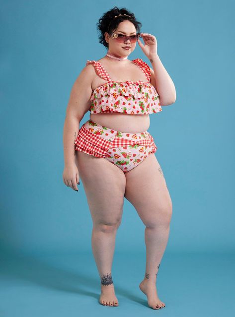 Bring your picnic poolside with these berry sweet swim bottoms! Featuring an allover print of Strawberry Shortcake  dessert and strawberries. Comes with a red gingham ruffle skirt and bow detailing. Pair with the matching top to complete your look!Top not included.Swimwear can only be returned unworn with original tags intact and sanitary panel in place.82% nylon; 18% spandexHand wash cold; dry flatImportedModel is 5'9''Model wears size 1 Strawberry Shortcake Dessert, Anatomy References, Plus Size Hot, Plus Swim, Tools Drawing, Summer Style Guide, Tall Hoodies, Plus Size Swim, Seductive Clothes