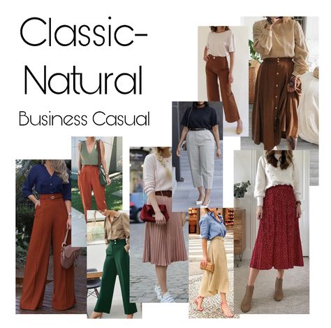 A collage of Classic-Natural essence inspiration for business casual. Bespoke Outfit Women, Natural Classic Essence Outfits, Natural Classic Style Essence, Natural Romantic Style Personality, Flamboyant Natural With Classic Essence, Romantic Natural Classic Essence, Classic Natural Style Outfit, Natural Classic Style Personality House Of Colour, Soft Natural Business Casual