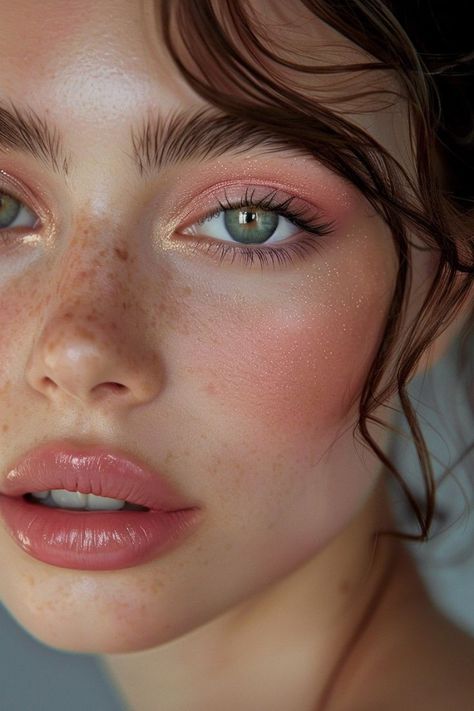 Light Colored Makeup, Peach Look Makeup, Eye Looks Makeup, Light Shimmer Eyeshadow, Elegant Makeup For Blue Eyes, Glowing Natural Makeup, Soft Peach Makeup Look, Peachy Summer Makeup, Make Up Summer 2024