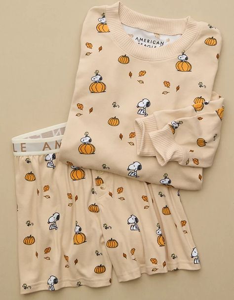 AE Peanuts Fall Pumpkin Plush PJ Set Peanuts Fall, Snoopy Fall, Snoopy Pajamas, Pumpkin Plush, Cute Pajama Sets, Cozy Pajamas, Elastic Shorts, Cute Pajamas, Cake Batter