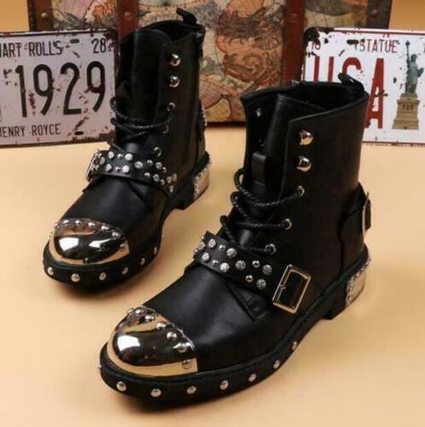 Find ideas๏ฟฝand inspiration for Men Fashion Leather Punk Studs Buckle Lace Up Combat Motorcycle Boots Shoes , Mens boots Punk Fashion 90s, Combat Boots Aesthetic, Metalhead Fashion, Steampunk Shoes, New Rock Boots, Rock Boots, Goth Shoes, Mens Leather Clothing, Punk Shoes