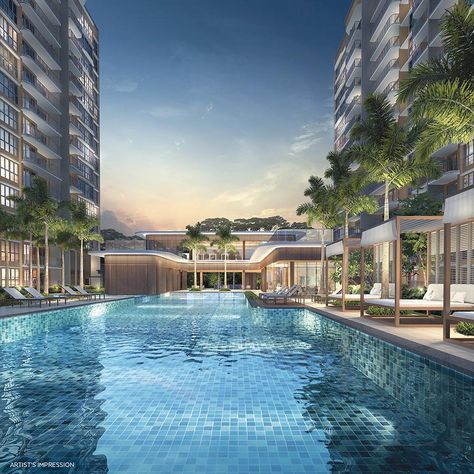 Swimming Pool View Hundred Palms Residences Swimming Pool Architecture, Apartment Building Exterior, Pool Architecture, Luxury Apartment Building, Apartment Pool, Hotel Swimming Pool, Luxury High Rise, Swimming Pool Construction, Swimming Pool Landscaping