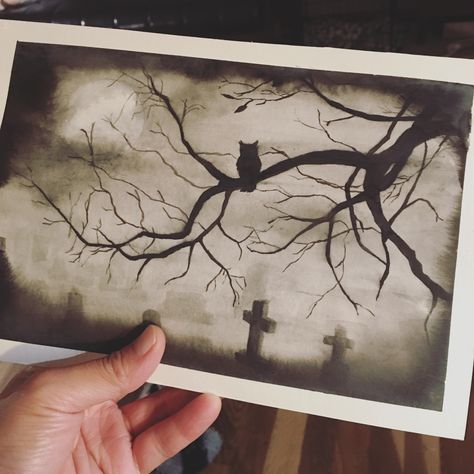 Watercolor Spooky Tree, Emo Watercolor Paintings, Graveyard Watercolor Painting, Goth Watercolor Paintings, Halloween Charcoal Drawing, Spooky Watercolor Paintings, Scary Watercolor Paintings, Gothic Watercolor Paintings, Watercolor Dark Art