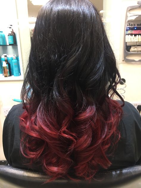 Here's our finished look! We love what has been achieved! We started off as a very dark brunette, we applied our colour through the mid length ends, and created our lovely soft ombré effect. We love how the colour fades from dark to red! After we lifted our hair to copper, we applied our Impact Red, which has given Hayley her bright red look. At the back wash we finished off using our Fire Red Fard, to enchance our red tone. Which is also great to use at home to help maintain our colour! Red Hair Ends, Hairstyle At Home, Cola Hair, V Shape Hair, Short Dyed Hair, Fire Hair, Cherry Hair, Dyed Red Hair, Red Tone