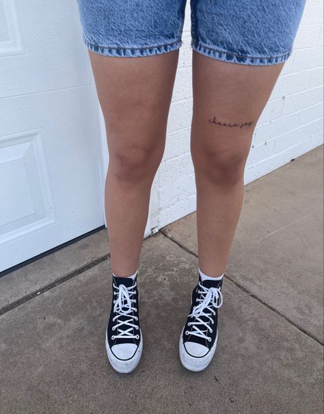 Women’s Above The Knee Tattoo, Small Leg Tattoos Women Above Knee, Above Knee Word Tattoos Women, Over The Knee Tattoo Words Women, Small Above The Knee Tattoos Women, Script Knee Tattoo, Dainty Above Knee Tattoo, Script Tattoo Above Knee, Word Above Knee Tattoo