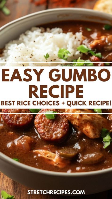 Curious about the best rice for gumbo? Upgrade your chicken and sausage gumbo with rice by using the right variety! Our easy gumbo recipe is perfect for any occasion, whether you're cooking for two or hosting a crowd. Don’t forget to save and visit for the best gumbo recipe! Cheap Gumbo Recipe, Gumbo Rice Recipe, Gumbo With Rice, Dutch Oven Gumbo Recipes, Pressure Cooker Gumbo, Gumbo Recipe Easy Crock Pot, Easy Chicken Gumbo, Mild Gumbo Recipe, Chicken Gumbo Recipe Louisiana