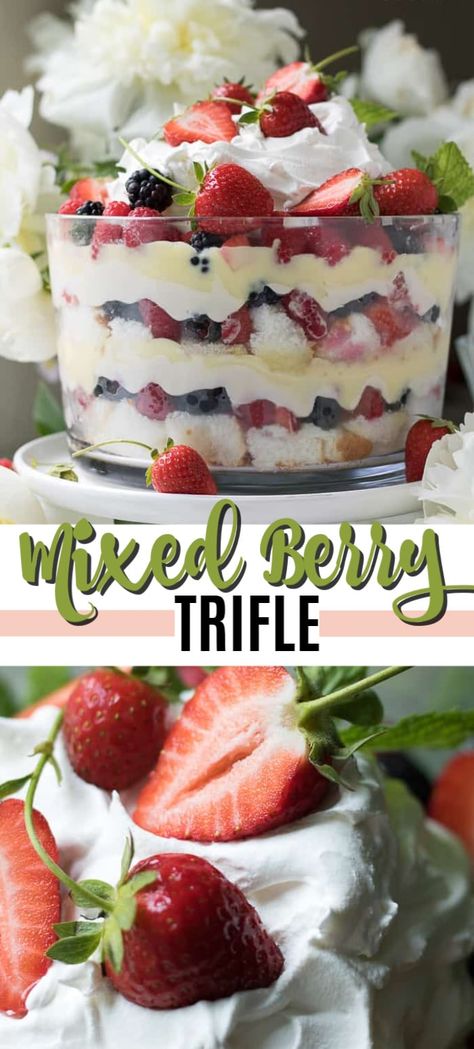 This berry trifle has two layers of angel food cake, sweet vanilla-lemon cream cheese, vanilla pudding, mixed berries and topped with cool whip. #angelfoodcake #summerdessert #summerrecipes #fourthofjuly #strawberry #raspberry #raspberrydessert #onepandesssert #nobakedessert #trifle #fruittrifle Essen, Fruit Trifle, Cake Pudding, Strawberry Trifle, Berry Trifle, Dried Fruit Snacks, Raspberry Desserts, Trifle Pudding, Fresh Fruit Recipes