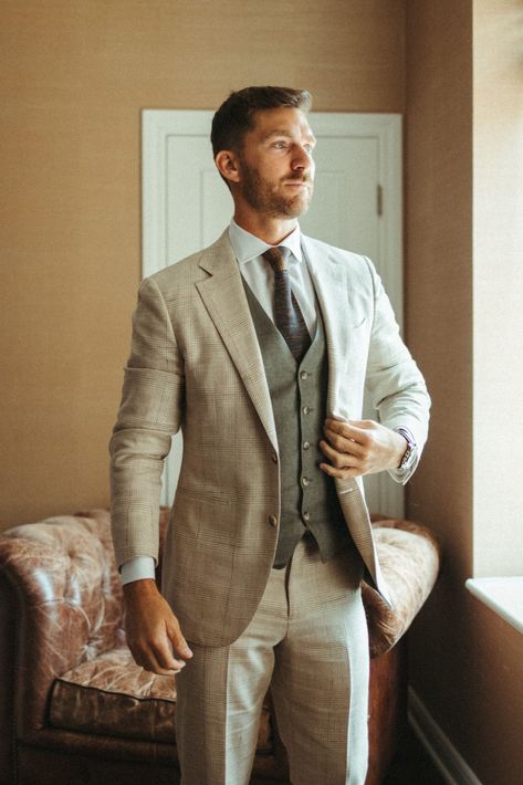 groom in khaki plaid suit #socalweddingplanner #colorfuluniqueweddingplanner #minimalistrefinedwedding Groom Plaid Suit, Light Groom Suit, Summer Wedding Suits Groom, Plaid Wedding Suit, Tan Plaid Suit, Tan Groom Suit, Khaki Wedding, Summer Wedding Suits, Plaid Wedding