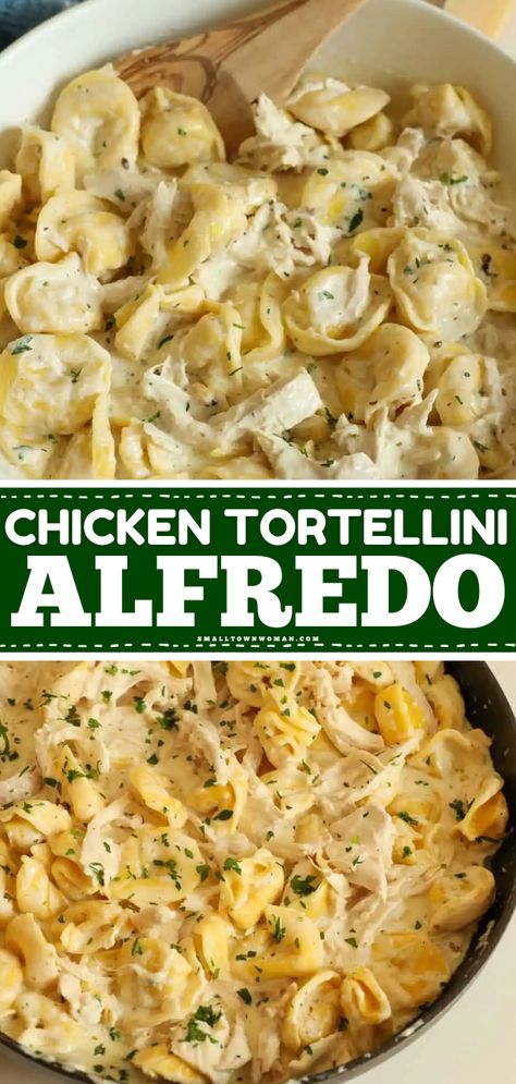 This easy chicken tortellini alfredo is amazing! You're just 20 minutes away from this weeknight dinner for family. Everyone will love this simple pasta recipe with rotisserie chicken and cheese tortellini in a rich and creamy homemade alfredo sauce! Easy Dinner Recipes Cheese Tortellini, Easy Chicken Tortellini Alfredo, Tortellini Recipes Chicken Alfredo Sauce, Chicken Tortilla Alfredo, Pasta Recipes With Tortellini, Slow Cooker Chicken Alfredo Tortellini, Tortellini And Rotisserie Chicken, Tortellini Alfredo With Chicken, Chicken Alfredo With Tortellini