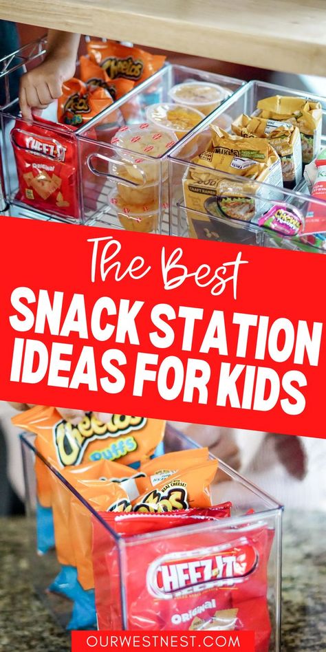 Here's how to make a DIY snack station for kids! I share the best snack organization ideas to create a snack station for pantries, small spaces, and even in a snack cart that you can put in your basement or playroom. You'll find the best snack organizer products that are affordable and perfect to house all your snacks for kids and snacks for toddlers. Grab And Go Snack Station, Home Snack Station, Kids Grab And Go Snacks, Snack Area In Kitchen, Classroom Snack Storage, Self Serve Snacks For Kids, Pantry Organization For Kids' Snacks, Snack Organization Ideas Small Space, Kids Snack Organization