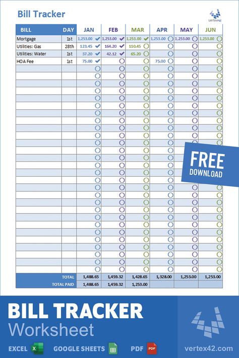 Download a free bill tracking spreadsheet from Vertex42.com. Make a list of your recurring bills and the expected amounts. Then, check them off as you pay them! Bill Spreadsheet Excel, Excel Bill Tracker, Bill Pay Tracker Free Printable, List Of Bills To Pay, Bill Spreadsheet Printable, Bill Payment Tracker Printables Free, Work Spreadsheet, Free Printable Bill Tracker, Bills Spreadsheet