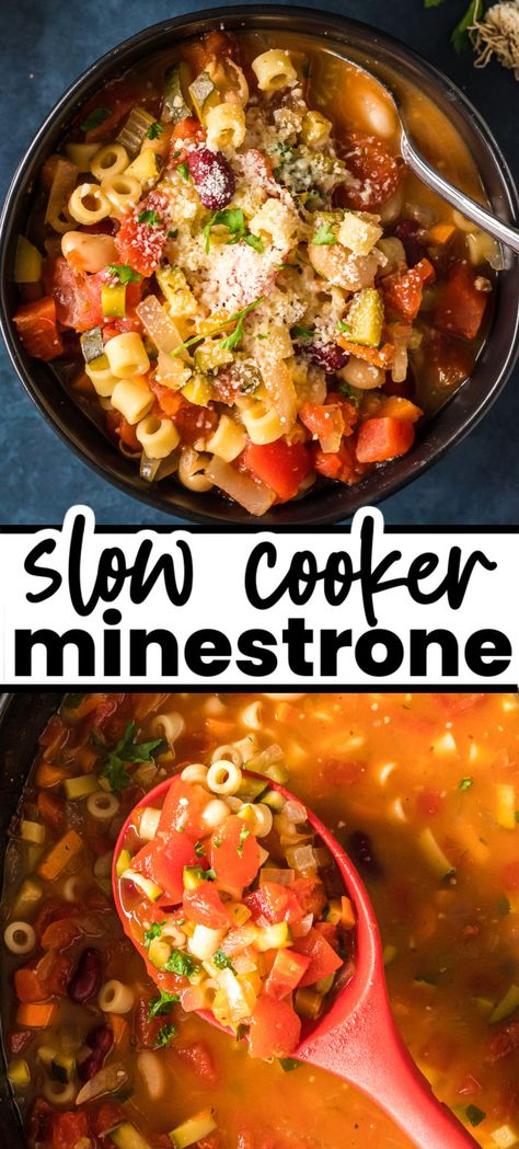 Slow Cooker Minestrone Soup -  This Italian favorite features a full-bodied broth seasoned with Italian herbs, onions, and garlic that is slow-cooked all day with a variety of fresh vegetables, protein-packed beans, and cute ditalini pasta. Meatless Soup Crockpot, Crockpot Soup Recipes Minestrone, Crockpot Soup Minestrone, Crock Soup Recipes Slow Cooker, No Meat Slow Cooker Recipes, Crockpot Recipes Vegetable Soup, Easy Minestrone Soup Crockpot, Italian Minestrone Soup Crockpot, Soup Using Ditalini Pasta