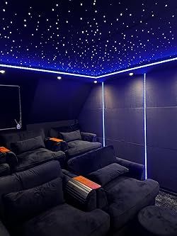 Callsky 32W Twinkle APP Sound Activated RGBW Fiber Optic Star Ceiling Light Kit for Home and Media Movie Room Decor, Bluetooth Light Engine+Remote Control+Cable 1000pcs*0.75mm*16.4ft/5m : Amazon.co.uk: Lighting Movie Room Star Ceiling, Basement Theater Room Ideas, Cinema Room Decor, Cinema Chairs, Star Lights On Ceiling, Movie Room Decor, Star Ceiling, Home Cinema Room, Theatre Room