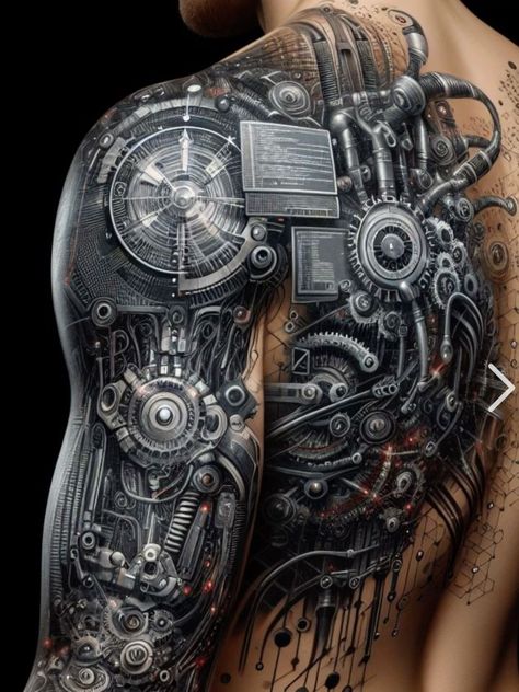 Bio Mechanical Tattoo Design, Mechanical Arm Tattoo, Biomechanical Tattoo Design, Robot Tattoo, Unique Half Sleeve Tattoos, Cyberpunk Tattoo, Feminine Skull Tattoos, Mandala Hand Tattoos, Mechanic Tattoo