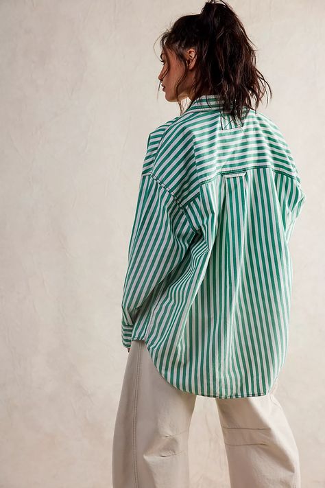 We The Free Freddie Striped Shirt | Free People Green Striped Shirt Outfit, Green Shirt Outfits, Outfits With Striped Shirts, Button Down Style, Oversize Outfit, French Green, Free People Style, Stripe Outfits, Tshirt Outfits