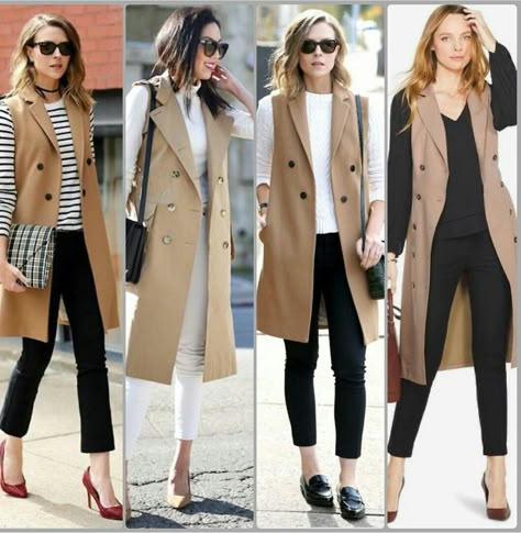 Chic Vest Outfits For Women, Brown Long Vest Outfit, Vest Overcoat Outfit, Sleeveless Duster Outfit Fall, Work Attire Women 2023, Beige Vest Blazer Outfit, Sleeveless Blazer Outfit Fall, Sleeveless Trench Outfit, Blazer No Sleeves Outfit